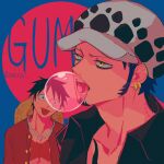  2boys :p black_hair black_shirt chest_tattoo chewing_gum commentary_request demorzel earrings facial_hair fur_hat goatee hand_tattoo hat jewelry looking_at_viewer male_focus monkey_d._luffy multiple_boys one_piece red_shirt shirt short_hair straw_hat tattoo tongue tongue_out trafalgar_law unworn_hat unworn_headwear yellow_eyes 