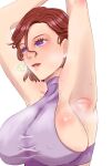  1girl armpits arms_up blush breasts brown_hair check_commentary clliford commentary commentary_request covered_nipples eyelashes hair_between_eyes highres large_breasts light_blush lips looking_ahead mole mole_on_breast mole_on_shoulder open_mouth original purple_eyes short_hair sideboob signature sleeveless sleeveless_turtleneck sports_bra steam steaming_body stretching sweat turtleneck upper_body 
