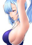 1girl absurdres adjusting_hair animal_ears armpits arms_up blue_hair blue_one-piece_swimsuit breasts closed_mouth competition_school_swimsuit from_side hair_tie_in_mouth highres horse_ears horse_girl large_breasts light_blue_hair long_hair mejiro_ardan_(umamusume) mouth_hold one-piece_swimsuit oryou_gunsou ponytail purple_eyes school_swimsuit school_uniform sideboob simple_background solo swimsuit tracen_school_uniform umamusume white_background 