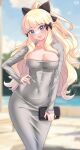  :d absurdres black_bow blonde_hair blue_eyes blue_sky blurry blurry_background blush bow breasts cleavage cloud collarbone corsairzero11 covered_navel day dongtan_dress dress elf grey_dress hair_bow hand_on_own_hip head_tilt highres looking_at_viewer medium_breasts meme_attire outdoors pencil_dress pointy_ears ponytail princess_connect! saren_(princess_connect!) sidelocks sky smile taut_clothes taut_dress tight_clothes tight_dress 