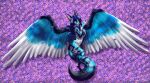 2020 arati arativulpes blue_body blue_fur blue_hair digital_media_(artwork) digitigrade eyes_closed feathered_wings feathers female feral fexneel_(character) fexneel_denisse flower flower_bed fluffy fluffy_ears fluffy_tail fur hair hi_res mammal pink_flower plant signature solo stripes tail wings
