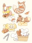  artist_name baguette basket black_eyes bread bright_pupils brown_eyes brown_fur colored_skin commentary_request croissant dog eevee fidough food furret green_eyes highres kana_(maple926) lying maushold maushold_(family_of_three) mouse on_stomach pawpads pokemon pokemon_(creature) simple_background solid_circle_eyes tail tongs tongue tongue_out twitter_username white_background white_pupils white_skin yamper 