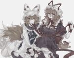  2girls animal_ears arm_ribbon back_bow blonde_hair blue_tabard bow bowtie breasts closed_mouth collar collarbone dress elbow_gloves expressionless feet_out_of_frame fox_ears fox_tail frilled_collar frilled_dress frilled_hat frilled_sleeves frills gloves hair_bow hand_on_another&#039;s_chin hands_on_lap hat hat_ribbon highres holding holding_ribbon leg_ribbon long_hair long_sleeves looking_at_viewer medium_dress medium_hair mob_cap multiple_girls multiple_tails open_mouth puffy_short_sleeves puffy_sleeves purple_collar purple_dress purple_eyes purple_sleeves red_bow red_bowtie red_ribbon ribbon shindiyue short_sleeves simple_background sitting sleeve_bow smile tabard tail tassel_hat_ornament touhou very_long_hair white_background white_dress white_gloves white_headwear white_sleeves yakumo_ran yakumo_yukari yellow_eyes 