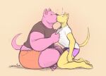 &lt;3 anthro belly canid canine clothing clothing_pull crossed_legs duo hi_res kiss_on_lips kissing kneeling male male/male mammal motion_lines overweight overweight_anthro overweight_male sertralion shocked size_difference smaller_male surprised_expression tail tail_motion tailwag thick_thighs