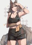  1girl absurdres animal_ears arknights ashlock_(arknights) bandaged_arm bandages bandaid bandaid_on_arm bare_shoulders black_shorts black_tank_top blush breasts cleavage clenched_teeth collarbone commentary cowboy_shot gradient_background grey_eyes grey_hair highres large_breasts looking_at_viewer midriff navel oripathy_lesion_(arknights) parted_lips scar short_hair shorts solo squirrel_ears squirrel_girl squirrel_tail sweat tail tank_top teeth togekk0 
