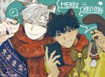  2boys animal_ears animal_keychain atan_003 blue_background brown_eyes brown_hair cat_boy cat_ears cat_tail christmas grin holding holding_phone ilay_riegrow jeong_taeui kemonomimi_mode looking_at_phone male_focus merry_christmas multiple_boys musical_note passion_(manhwa) phone red_scarf scarf shared_clothes shared_scarf short_hair simple_background smile spoken_musical_note sweater tail tan teeth thick_eyebrows upper_body white_hair 