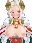  1girl blush breasts breath cape christmas closed_mouth commentary_request edelgard_von_hresvelg eyelashes fake_horns fire_emblem fire_emblem:_three_houses fur-trimmed_cape fur_trim gloves highres horns large_breasts narunaru_(mimizu) nipples purple_eyes red_cape simple_background solo sweat upper_body white_background white_gloves white_hair 