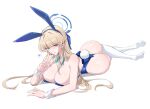  1girl animal_ears ass bare_shoulders blonde_hair blue_archive blue_eyes blue_leotard blush bow bowtie breasts cleavage detached_collar fake_animal_ears halo highleg highleg_leotard highres large_breasts leotard long_hair looking_at_viewer lying official_alternate_costume on_stomach playboy_bunny rabbit_ears rabbit_tail solo tail thighhighs toki_(blue_archive) toki_(bunny)_(blue_archive) vanko_(vank0a) wrist_cuffs 