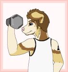 2015 aliasing anthro arm_tattoo bird_dog blue_(bluekyokitty) blue_eyes bluekyokitty border brown_body brown_eyebrows brown_fur brown_hair button_ears canid canine canis cheek_tuft chow_chow clothed clothing digital_drawing_(artwork) digital_media_(artwork) domestic_dog dumbbell exercise eyebrows facial_hair facial_tuft flat_colors floppy_ears fur golden_retriever grey_sclera hair holding_dumbbell hunting_dog male mammal mixed_breed pink_background pink_border pink_nose rear_view retriever sebdoggo shirt shoulder_tattoo sideburns simple_background snout solo spitz stubble tank_top tattoo topwear trans_(lore) trans_man_(lore) triforce_tattoo tuft weightlifting weights white_body white_clothing white_fur white_shirt white_tank_top white_topwear workout yellow_body yellow_fur
