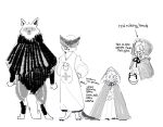 anthro bag basket big_bad_wolf_(shrek) black_and_white clothing coat container death_(puss_in_boots) dreamworks fairy_tales female gown group hand_on_hip hat headgear headwear hi_res human little_red_riding_hood little_red_riding_hood_(copyright) looking_at_viewer male mammal monochrome nightgown poncho puss_in_boots_(dreamworks) sanppa_popo simple_background size_difference standing topwear trio white_background