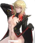  1boy bar_censor bishounen black_coat black_gloves blonde_hair censored closed_mouth coat flaccid gloves grey_background hand_on_own_head highres male_focus male_pubic_hair megido72 mole mole_under_eye multicolored_hair open_clothes open_coat penis pubic_hair red_hair satan_(megido72) short_hair simple_background smile solo user_ahgm4822 yellow_eyes 