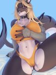 absurd_res anthro blonde_hair breasts female fish grey_body hair hi_res looking_at_viewer marine monian neira_(charityzero) shark solo teeth white_body