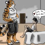 &lt;3 bed bedroom clothing dialogue door duo eye_contact felid feral furniture human jeremiah_leckrone leaning leaning_back looking_at_another male male/male mammal nero_(shorty) oral_vore pantherine sitting size_difference smile soft_vore speech_bubble standing tail tiger vore
