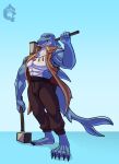 absurd_res anthro clothed clothing fish gradient_background grinning_at_viewer hi_res holding_object holding_weapon jewelry looking_at_viewer male male_anthro marine necklace open_clothing open_topwear shark simple_background solo solo_focus thekinkybear topwear weapon