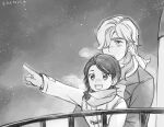  1boy 1girl arven_(pokemon) braid greyscale hair_over_one_eye hatori_a hetero hug hug_from_behind juliana_(pokemon) long_hair monochrome multicolored_hair open_mouth pointing pokemon pokemon_sv scarf short_hair side_braid single_braid smile two-tone_hair winter_clothes 