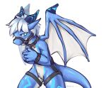 anthro bdsm blue_body blue_eyes blue_skin bondage bound claws digital_media_(artwork) dragon fishy_fizz gag hair harness hi_res horn looking_at_viewer male nude open_mouth slit solo tail white_body