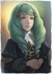  1girl artist_name black_dress commentary dress drill_hair english_commentary fire_emblem fire_emblem:_three_houses flayn_(fire_emblem) garreg_mach_monastery_uniform green_eyes green_hair grin hair_ornament highres juliet_sleeves kazuko_(towa) lips long_hair long_sleeves own_hands_together parted_lips pink_lips puffy_sleeves smile solo swept_bangs twin_drills uniform 