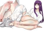  2girls alternate_costume ass barefoot breasts closed_eyes commentary_request feet fern_(sousou_no_frieren) foot_focus frieren grey_hair huge_breasts kukoi legs long_hair long_shirt lying multiple_girls multiple_views paid_reward_available pointy_ears purple_eyes purple_hair shirt sidelocks simple_background smelling_feet sousou_no_frieren t-shirt thighs top-down_bottom-up twintails variant_set white_background white_shirt yuri 