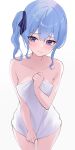  1girl bare_shoulders blue_eyes blue_hair blush closed_mouth collarbone commentary fawny foreshortening hair_between_eyes highres hololive hoshimachi_suisei looking_at_viewer naked_towel side_ponytail sidelocks simple_background solo towel virtual_youtuber white_background white_towel 