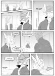 absurd_res ambiguous_gender anthro black_and_white braun_(kifyun2) canid canine clothed clothing dialogue eyewear fox glasses group hi_res inner_ear_fluff inside kifyun2 lagomorph leporid male mammal monochrome necktie rabbit sho_kimura simple_background speech_bubble text tuft