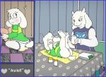 anthro asriel_dreemurr balls bodily_fluids bottomless bovid caprine clothed clothing diaper diaper_change duo female genital_fluids genitals male male/female mammal nelson88 pattern_clothing pattern_shirt pattern_topwear shirt striped_clothing striped_shirt striped_topwear stripes topwear toriel undertale undertale_(series) urine wet_diaper wetting