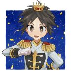  1boy brown_eyes brown_hair clenched_hand confetti crown epaulettes hand_on_own_chest highres male_focus mio14s nate_(champion)_(pokemon) nate_(pokemon) official_alternate_costume pokemon pokemon_masters_ex signature solo upper_body 