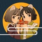  2girls akai_sashimi animal_ears apron artist_name black_eyes black_hair brown_eyes brown_hair brown_kimono cat_ears cat_girl closed_mouth cup_ramen egasumi fingernails food frilled_apron frills hair_bun highres holding holding_food japanese_clothes kimono looking_at_viewer maid_apron multiple_girls original outside_border round_image short_hair upper_body white_apron yellow_background yellow_kimono 