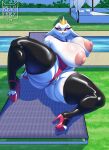absurd_res anthro areola avian beak biped bird breasts clothing female footwear genitals helluva_boss hi_res high_heels looking_at_viewer mature_female nipples pussy revifrry solo spread_legs spreading stella_(helluva_boss) swimming_pool thick_thighs white_body