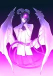  1boy belt coat cropped_legs demon_boy demon_horns demon_wings fate/grand_order fate_(series) fingernails fujimaru_ritsuka_(male) fur-tipped_tail fur-trimmed_sleeves fur_trim glowing goat_horns gradient_background hair_between_eyes hand_on_own_face hands_up highres horns looking_at_viewer low_wings male_focus monochrome monsterification multiple_tails pants purple_theme sharp_fingernails short_hair smirk solo tail two_tails urup_zzz wings 