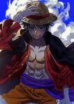  1boy bad_id bad_twitter_id black_cape black_hair cape cloud commentary cowboy_shot hand_on_headwear hat highres looking_at_viewer male_focus monkey_d._luffy one_piece open_clothes open_shirt orange_shorts purple_sash sash scar scar_on_face short_hair shorts sky smile solo straw_hat wudus6 