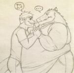 &lt;3 anthro belly belly_press big_belly cody_(swatthefox) crocodile crocodilian crocodylid dragon duo embrace eon54 eye_contact hi_res hug jagged_(eon54) looking_at_another male male/male overweight overweight_anthro overweight_male reptile scalie size_difference smaller_male smile soft_belly speech_bubble