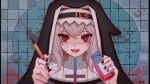  absurdres arknights bandaid black_headwear bottle coif fangs grey_hair habit highres holding holding_bottle holding_syringe long_hair looking_at_viewer luai_(qq) nun open_mouth red_eyes scar specter_(arknights) syringe 