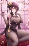  1girl absurdres azur_lane bare_shoulders black_dress black_flower black_rose bodystocking bow breasts brown_hair chen_hai_(azur_lane) chen_hai_(vestibule_of_wonders)_(azur_lane) cherry_blossoms cleavage closed_mouth covered_navel cup dress drinking_glass elbow_gloves flower gloves gold_tassel hair_flower hair_ornament highres holding holding_cup large_breasts leaf_print nanoda002_(saber427) pink_bow pink_eyes pink_tassel red_wine rose see-through see-through_cleavage sidelocks sleeveless solo tassel tassel_hair_ornament taut_bodystocking wine_glass 