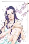  1girl cherry_blossoms commentary_request dress hanakotoba28 happy_birthday highres long_hair looking_at_viewer nico_robin one_piece purple_hair sidelocks simple_background smile solo white_dress 