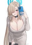  absurdres asuna_(blue_archive) asymmetrical_bangs bag blue_archive blue_eyes blue_halo blue_nails breasts camera_phone cleavage dress hair_over_one_eye halo handbag highres light_brown_hair long_hair milephunter mole mole_on_breast selfie 