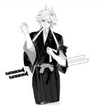  1boy adjusting_clothes alternate_costume arm_up black_kimono chinese_commentary cloud_strife commentary_request cropped_legs cuntouxiaoyeju final_fantasy final_fantasy_vii floral_print floral_print_kimono furrowed_brow greyscale hands_up japanese_clothes katana kimono male_focus monochrome mouth_hold ribbon ribbon_in_mouth sash short_hair solo striped_sash sword sword_on_back upper_body weapon weapon_on_back weibo_username 