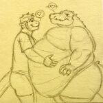 &lt;3 anthro arm_around_partner belly belly_grab belly_overhang belly_press big_belly blush clothing cody_(swatthefox) crocodile crocodilian crocodylid dragon duo embrace eon54 hands_on_belly hi_res hug jagged_(eon54) leaning looking_at_another lying male male/male on_front overweight overweight_anthro overweight_male reptile scalie size_difference smaller_male smile soft_belly speech_bubble standing