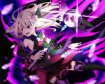  1girl ascot bare_shoulders black_dress black_footwear black_thighhighs blush boots breasts detached_sleeves dress earrings fate/grand_order fate/kaleid_liner_prisma_illya fate_(series) hair_ornament highres illyasviel_von_einzbern jewelry kaleidostick layered_skirt long_hair looking_to_the_side magical_ruby magical_sapphire one_side_up open_mouth pei_iriya purple_skirt red_eyes red_skirt sidelocks skirt small_breasts testament_(fate) thigh_boots thighhighs thighhighs_under_boots wand white_hair 