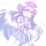  1girl :o bandaged_arm bandages black_eyes bloom bow ezaki_bisuko hair_between_eyes hairband light long_hair looking_at_viewer menhera-chan_(ezaki_bisuko) open_mouth petals pink_bow pink_hairband pleated_skirt purple_hair purple_sailor_collar purple_skirt purple_theme sailor_collar school_uniform serafuku sidelocks skirt solo white_background white_serafuku yumekawa-chan_(ezaki_bisuko) 