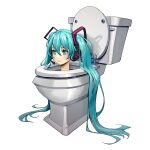  1girl aqua_eyes aqua_hair closed_mouth hatsune_miku headphones headset highres long_hair long_neck meme pikat simple_background skibidi_toilet smile solo toilet twintails very_long_hair vocaloid white_background 