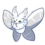  alternate_eye_color animal_focus artist_name bug commentary facial_mark floating forehead_mark frosmoth moth no_humans pokemon pokemon_(creature) simple_background smolsammichowo white_background white_fur wings yellow_eyes 