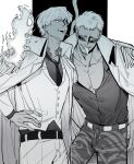  2boys brothers cigarette coat coat_on_shoulders donquixote_doflamingo donquixote_rocinante earrings eyes_visible_through_eyewear formal glasses highres holding jewelry long_tongue looking_at_viewer male_focus marine_uniform_(one_piece) mature_male multiple_boys necktie one_piece open_clothes pants shirt short_hair siblings smile smoking sunglasses tongue white_shirt zkc_fes 