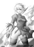  1girl 2b_(nier:automata) absurdres blindfold bob_cut boots cleavage_cutout clothing_cutout cowboy_shot dress duoj_ji dust_cloud feather-trimmed_sleeves floating_clothes gloves greyscale hairband highleg highleg_leotard highres holding holding_sword holding_weapon juliet_sleeves leotard long_sleeves looking_at_viewer mole mole_under_mouth monochrome nier:automata nier_(series) one_eye_covered parted_lips puffy_sleeves short_hair skindentation solo standing swept_bangs sword thigh_boots turtleneck_dress weapon 