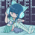  1girl animal animal_ear_headphones animal_ears aqua_sailor_collar aqua_skirt aqua_thighhighs arm_on_knee bandaged_arm bandages bed_sheet black_eyes blue_bow blue_collar blue_hair blunt_bangs bob_cut bow cat cat_ear_headphones collar expressionless ezaki_bisuko fake_animal_ears hand_on_headphones headphones hexagram highres menhera-chan_(ezaki_bisuko) sabukaru-chan_(ezaki_bisuko) sailor_collar school_uniform serafuku short_hair sitting skirt solo star_(symbol) star_of_david striped striped_thighhighs text_background thighhighs white_serafuku 