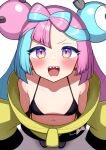  1girl :d black_bra blue_hair blush bow-shaped_hair bra breasts character_hair_ornament commentary english_commentary from_above hair_ornament highres iono_(pokemon) jacket long_hair looking_at_viewer looking_up mikoscrub multicolored_hair navel oversized_clothes pink_hair pokemon pokemon_sv purple_eyes sharp_teeth simple_background sleeves_past_fingers sleeves_past_wrists small_breasts smile solo split-color_hair standing teeth two-tone_hair underwear white_background yellow_jacket 