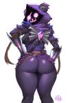 2024 anthro armor artist_logo bear belt breasts butt cat_smile clothed clothing colored digital_media_(artwork) epic_games eye_scar facial_scar fecharis female fortnite gauntlets glistening glistening_butt gloves hands_on_hips handwear hi_res hood logo looking_at_viewer looking_back looking_back_at_viewer mammal pankekes7 partially_clothed purple_eyes raven_team_leader rear_view scar shaded simple_background solo white_background