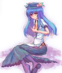  blue_hair flat_chest food fruit hat hinanawi_tenshi juuka@100neko long_hair peach ribbon solo tears touhou 