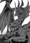  1boy cloak dragon fate/grand_order fate_(series) fujimaru_ritsuka_(male) greyscale highres looking_at_viewer male_focus monochrome necktie pants short_hair simple_background sitting size_difference smile urup_zzz 