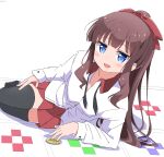  1girl absurdres black_thighhighs blue_eyes brown_hair cynical_(llcbluckg_c004) highres long_hair long_sleeves looking_at_viewer loose_necktie lying necktie new_game! on_side ponytail takimoto_hifumi thighhighs 