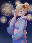  1girl alternate_costume blonde_hair blue_eyes closed_mouth commentary_request earrings eyelashes fireworks flower hair_bun hair_flower hair_ornament hair_over_one_eye highres japanese_clothes jewelry kimono mario_(series) night night_sky pink_lips red_flower rosalina short_hair sky solo standing star_(sky) star_(symbol) star_earrings thedarkestuno yukata 